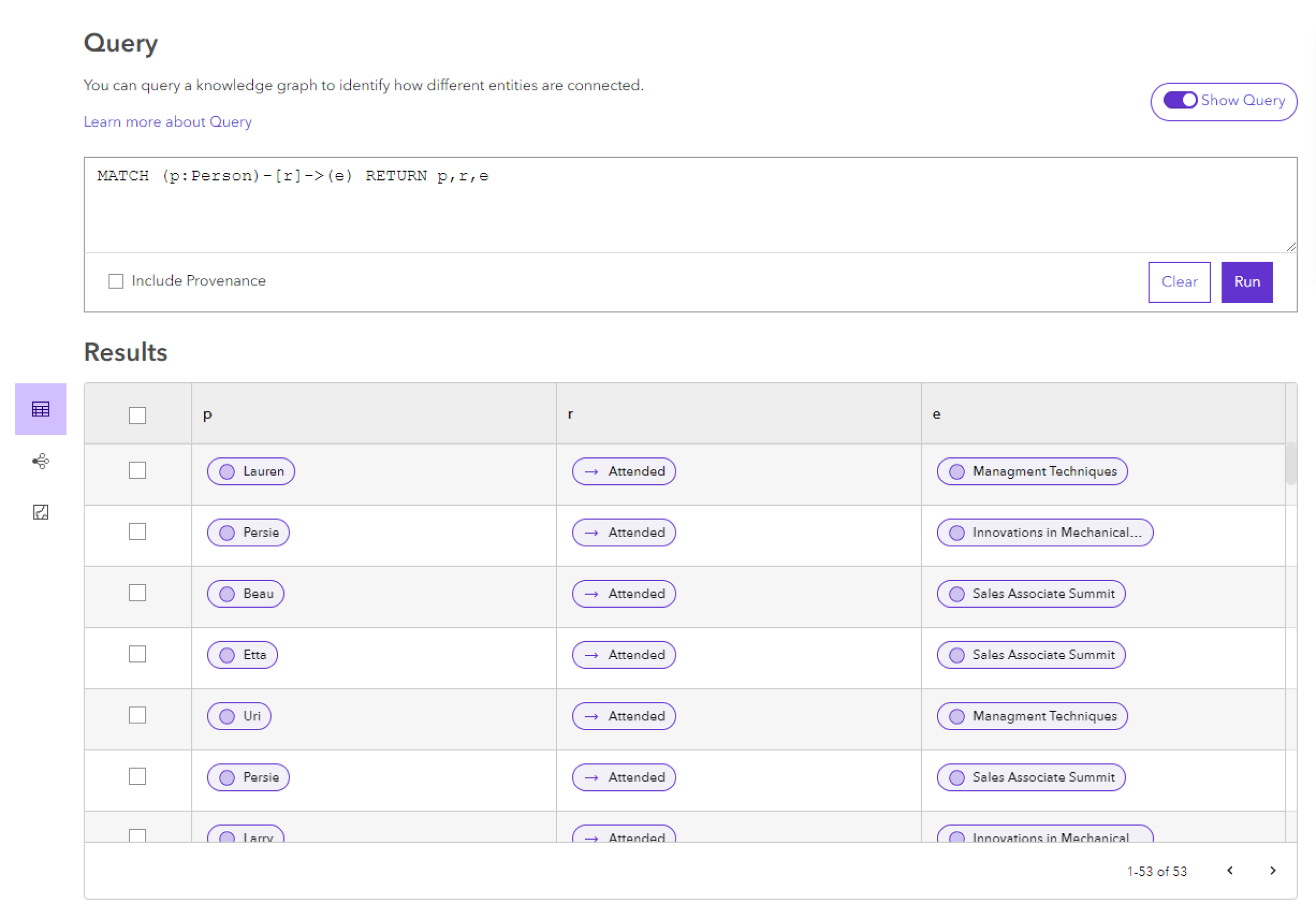 Results of a query that returns origin and destination entities and the relationship that connects them