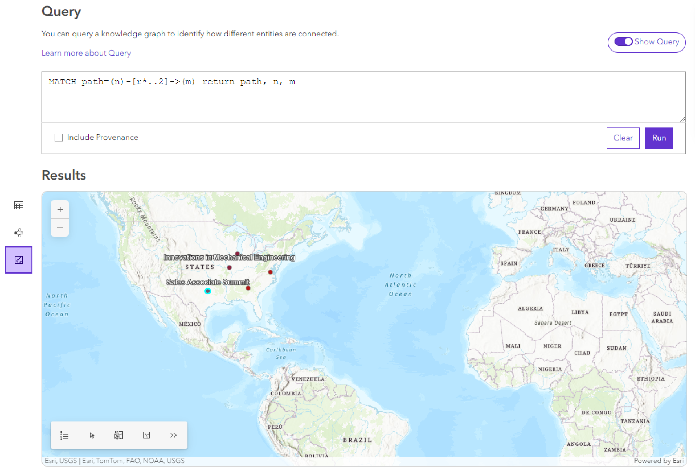 Map preview of query results shows any selections made in the table view.