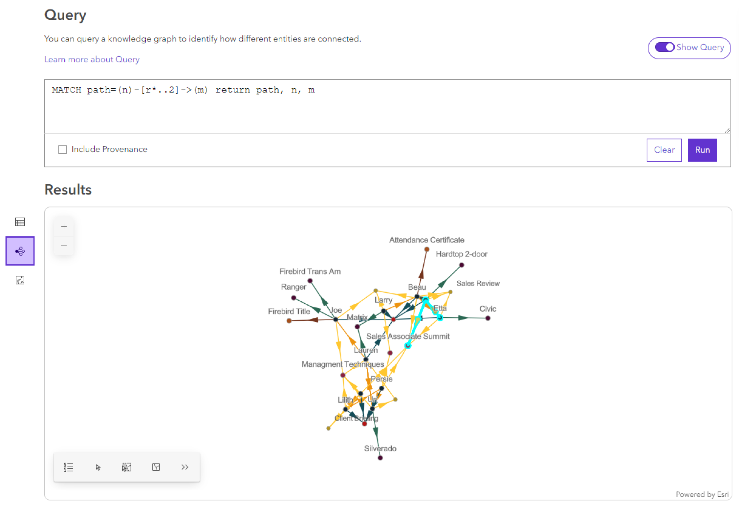 Query results link chart preview shows any selections made in the table view.