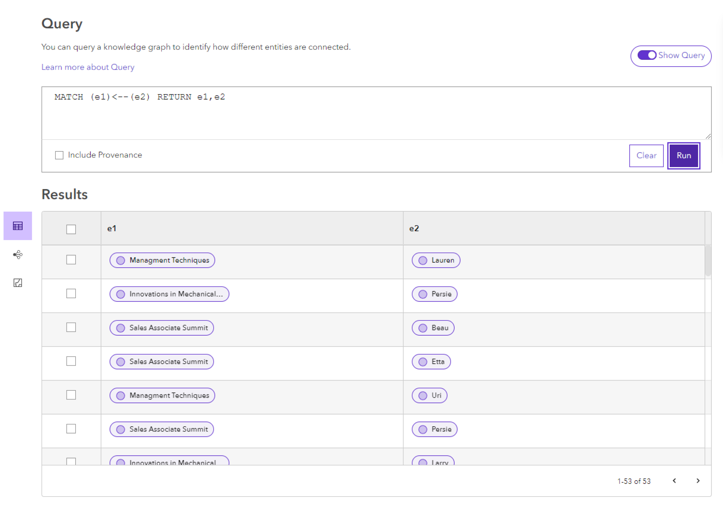 Related entities returned by the query appear in the results table.