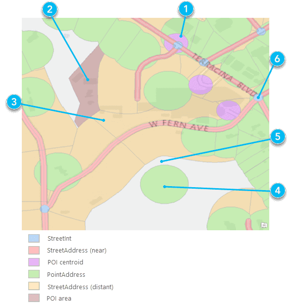 Buffers illustrating the search tolerance of different feature types for reverse geocoding